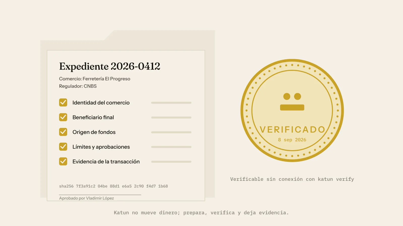 Katun Cumplimiento: un expediente con su lista de verificación, el hash y el sello verificado en oro
